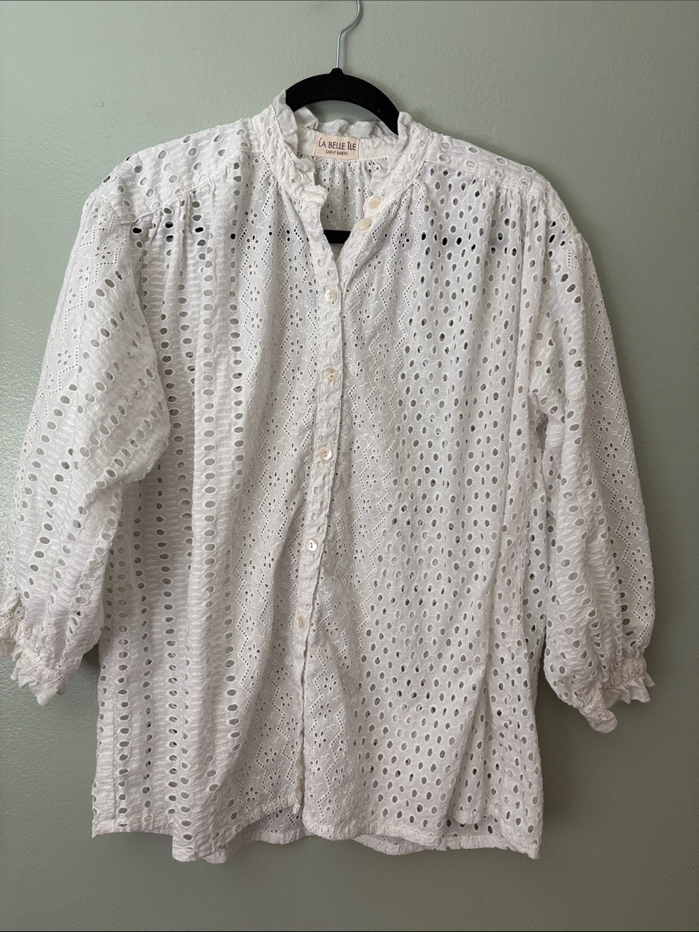 La Belle White Eyelet Button-Front Blouse with Pintuck Detail